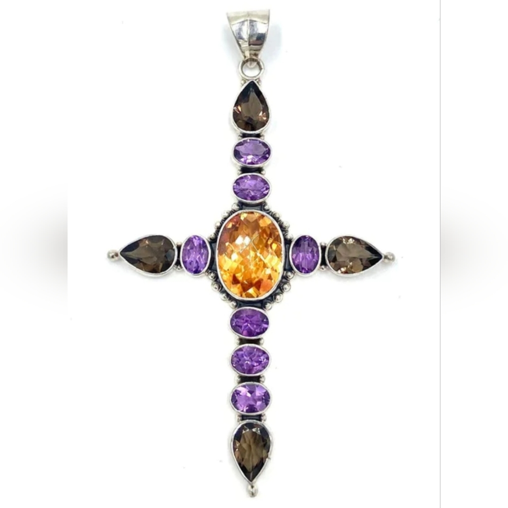 NICKY BUTLER NB 925 Sterling Silver Amethyst Smoky Quartz Cross Pendant Necklace - Picture 9 of 12